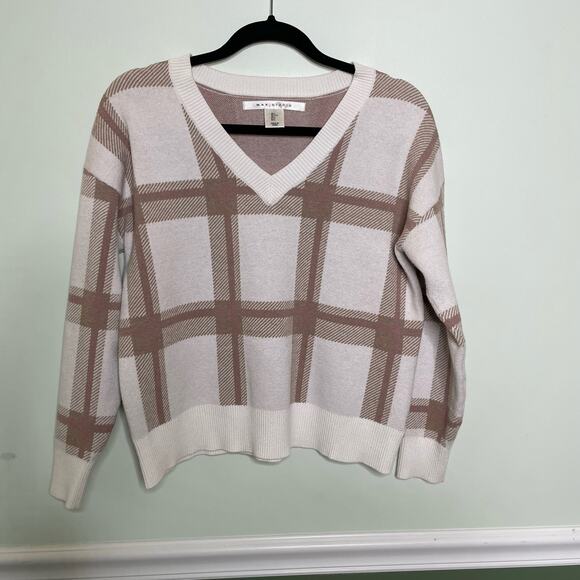 Max Studio V-Neck Sweater Long Sleeve Ribbed Hem Plaid Pullover Brown White L - Picture 5 of 12